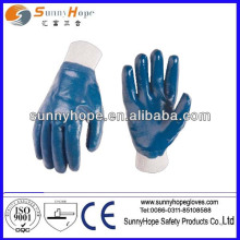 blue nitrile fully coated gloves with knit wrist